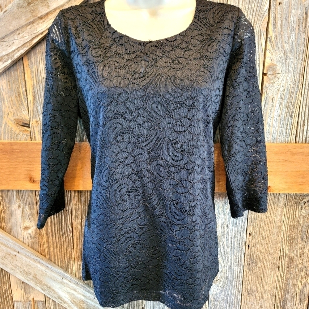 christopher & banks womens medium lace overlay blouse top floral Black Lined.